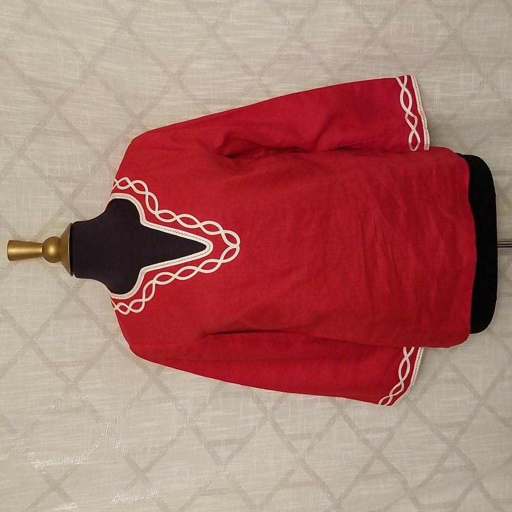 Talbots Womens Linen Top Tunic Red White Embroidered Small Petite